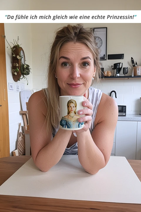 Kunde hält Haustierporträt auf Leinwand